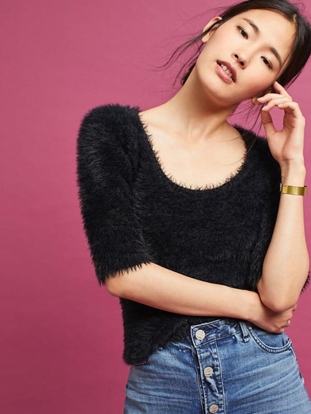 NWT Anthropologie Knitted & Knotted Isola Pullover Faux Fur Sweater M